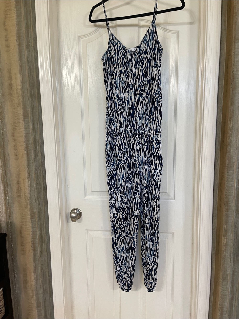 Veronica M Blue & White Patterned Spaghetti-Strap Jumpsuit